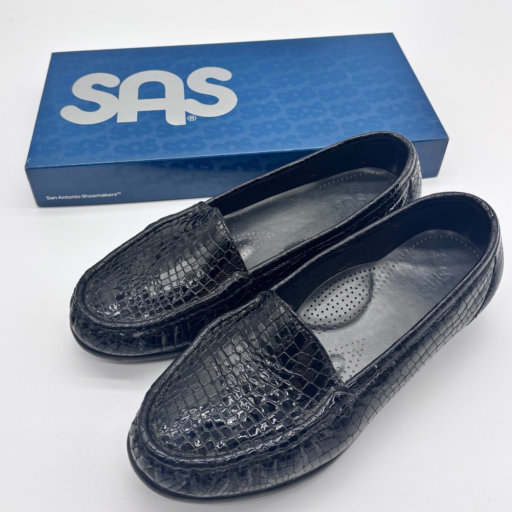 SAS San Antonio Shoemakers Black Croc Embossed Leather Loafers Size 7.5W‎